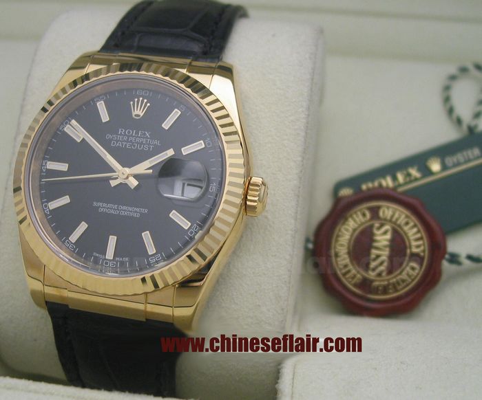 Rolex Mens Datejust Watch Gold Case Black Leather Strap